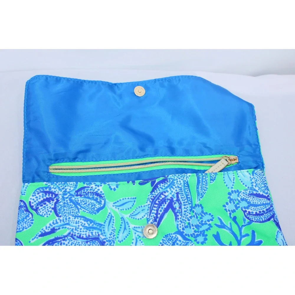 Lilly Pulitzer Green Blue Floral Coral Cosmetic Bag Travel Pouch Magnetic Snap